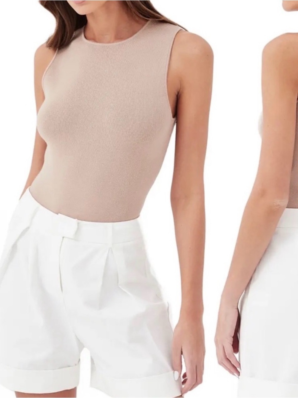Sleeveless Knit Bodysuit in Beige-Tan